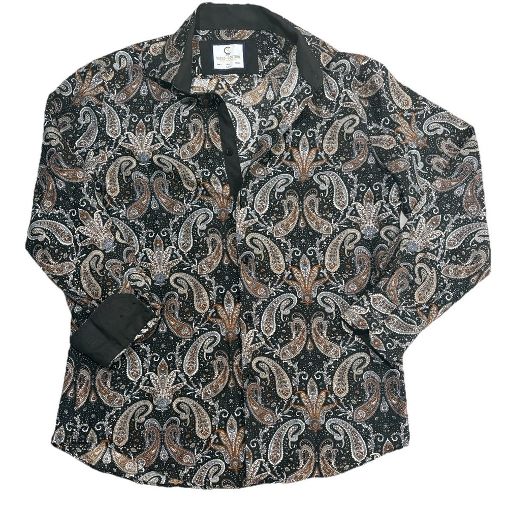 Suslo Couture Mens LG Slim Fit Dress Shirt Black Copper Tan Paisley Long Sleeve